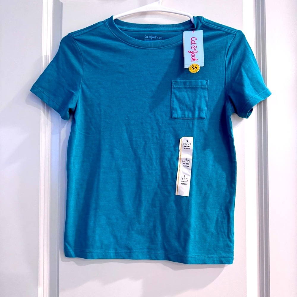 Cat & Jack Teal Green Blue T-Shirt Cotton Blend Short Sleeve Tee Sz. 6/7 New NWT